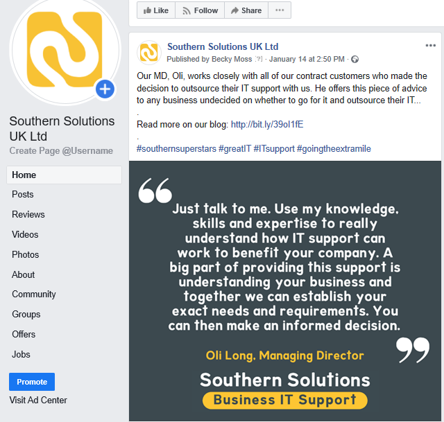 Website review, SEO and social media management for Southern Solutions